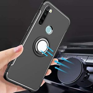 Phone Case for Xiaomi Redmi Note 8 with Tempered Glass Screen Protector Cover and Magnetic Stand Ring Holder Slim Kickstand Hybrid Hard Cell Accessories Xiami Xiomis Xiome Redme Note8 Cases Men Black