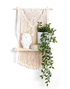 kaltek macrame shelf with flower design | boho style with floating wood shelf | beautiful handmade macrame shelf for hanging plants and decor | boho wall decor with macrame rope shelving