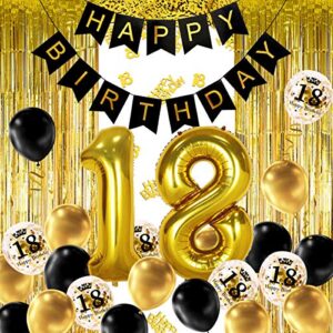 movinpe 18th black gold birthday party decoration, happy birthday banner, jumbo number 18 foil balloon, 2 fringe curtain, latex confetti balloon, table confetti for boy girl men women anniversary