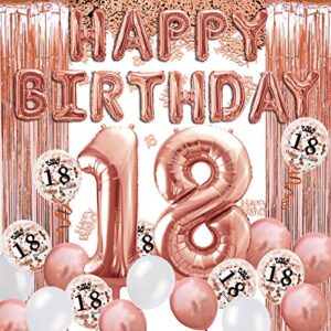 movinpe 18th rose gold birthday party decoration, happy birthday banner, jumbo number 18 foil balloon, 2 rose gold fringe curtain, latex confetti balloon, table confetti for girl women anniversary