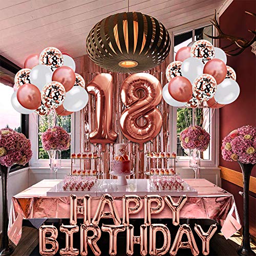 MOVINPE 18th Rose Gold Birthday Party Decoration, Happy Birthday Banner, Jumbo Number 18 Foil Balloon, 2 Rose Gold Fringe Curtain, Latex Confetti Balloon, Table Confetti for Girl Women Anniversary