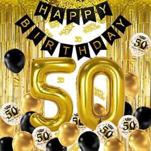 movinpe 50th black gold birthday party decoration, happy birthday banner, jumbo number 50 foil balloon, 2 fringe curtain, latex confetti balloon, table confetti for boy girl men women anniversary