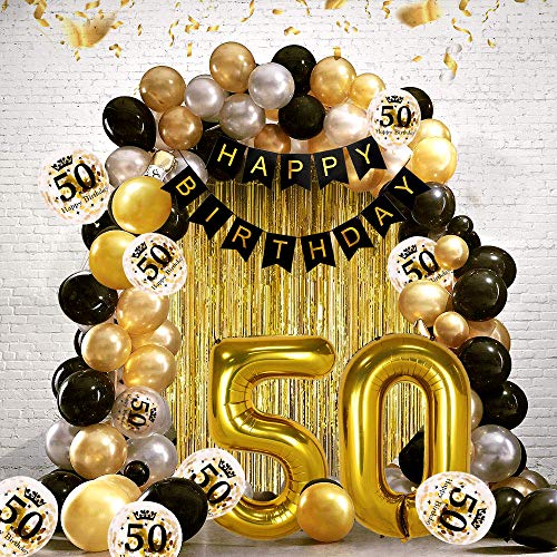 MOVINPE 50th Black Gold Birthday Party Decoration, Happy Birthday Banner, Jumbo Number 50 Foil Balloon, 2 Fringe Curtain, Latex Confetti Balloon, Table Confetti for Boy Girl Men Women Anniversary