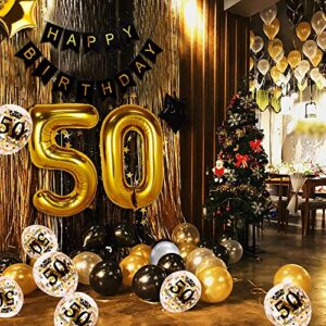 MOVINPE 50th Black Gold Birthday Party Decoration, Happy Birthday Banner, Jumbo Number 50 Foil Balloon, 2 Fringe Curtain, Latex Confetti Balloon, Table Confetti for Boy Girl Men Women Anniversary