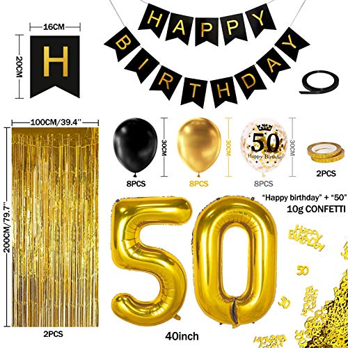 MOVINPE 50th Black Gold Birthday Party Decoration, Happy Birthday Banner, Jumbo Number 50 Foil Balloon, 2 Fringe Curtain, Latex Confetti Balloon, Table Confetti for Boy Girl Men Women Anniversary