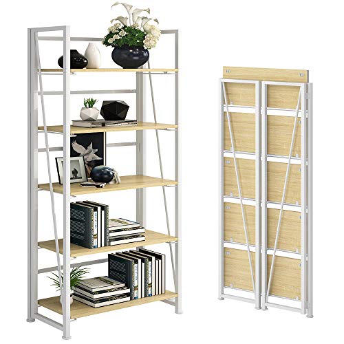 GHQME No-Assembly Folding Bookshelf Storage Shelves 5 Tiers Vintage Multifunctional Plant Flower Stand Storage Rack Shelves Bookcase for Home Office(White)