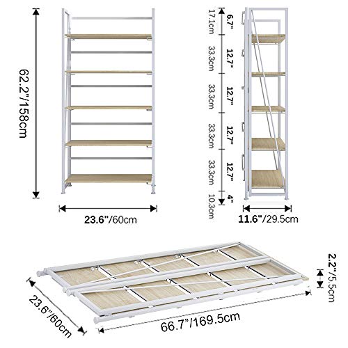 GHQME No-Assembly Folding Bookshelf Storage Shelves 5 Tiers Vintage Multifunctional Plant Flower Stand Storage Rack Shelves Bookcase for Home Office(White)