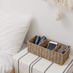 StorageWorks 3-Section Wicker Baskets for Shelves, Hand-Woven Seagrass Storage Baskets, 2-Pack
