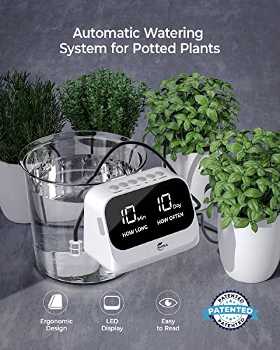 Automatic Watering System for Potted Plants, Plant Waterer, DIY Drip Irrigation Kit with Smart Timer, Waterproof LED Display & Large Capacity Battery, Precise Distribution of Water, White