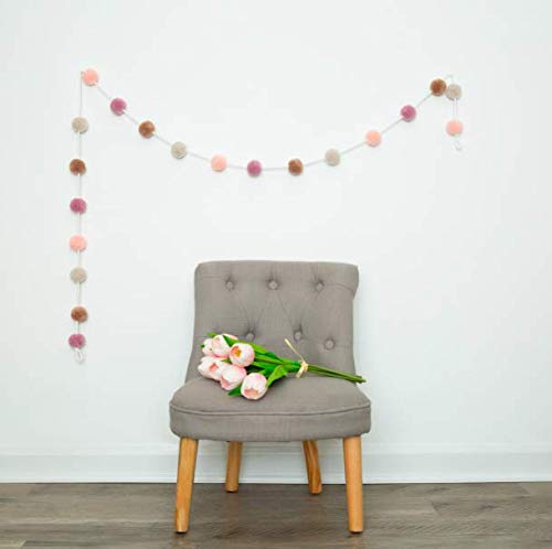 Pink Pom Pom Garland | Felt Ball Garland for Nursery, Baby Shower, Birthday and Mother's Day | Boho Bedroom Decor for Girls | Blush Pink, Mauve and Mustard Gold