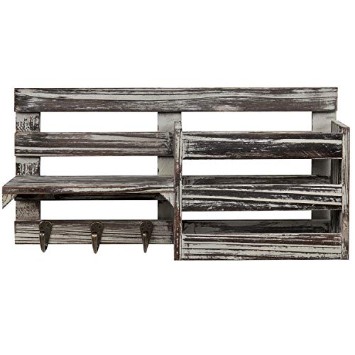 MyGift Wall Mounted Wooden Entryway Mail Holder and Key Organizer Rack with Rustic Torched Wood Finish, 3 Key Hooks and Decorative Display Shelf