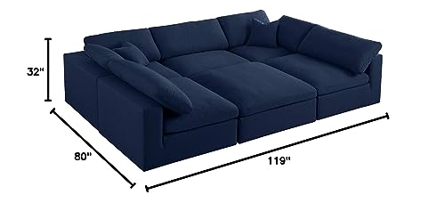 Meridian Furniture Serene Collection Modern | Contemporary Deluxe Comfort Modular Sectional, Soft Linen Textured Fabric, Down Cushions, 2 Corner + 3 Armless + 1 Ottoman, Navy