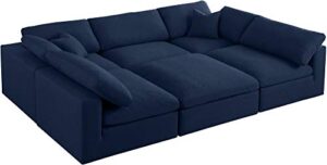 meridian furniture serene collection modern | contemporary deluxe comfort modular sectional, soft linen textured fabric, down cushions, 2 corner + 3 armless + 1 ottoman, navy