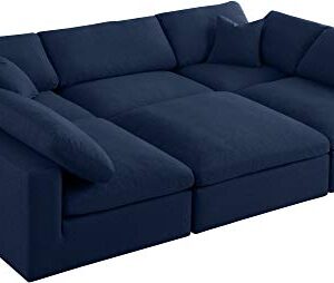 Meridian Furniture Serene Collection Modern | Contemporary Deluxe Comfort Modular Sectional, Soft Linen Textured Fabric, Down Cushions, 2 Corner + 3 Armless + 1 Ottoman, Navy