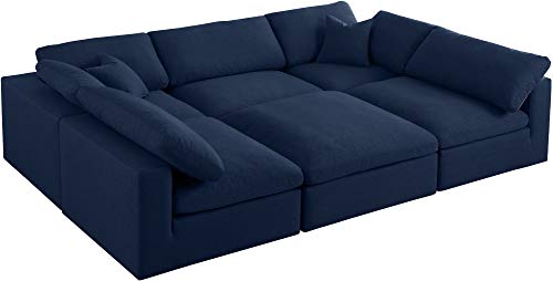 Meridian Furniture Serene Collection Modern | Contemporary Deluxe Comfort Modular Sectional, Soft Linen Textured Fabric, Down Cushions, 2 Corner + 3 Armless + 1 Ottoman, Navy