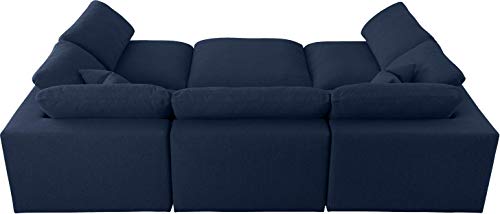 Meridian Furniture Serene Collection Modern | Contemporary Deluxe Comfort Modular Sectional, Soft Linen Textured Fabric, Down Cushions, 2 Corner + 3 Armless + 1 Ottoman, Navy