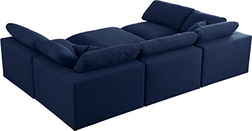 Meridian Furniture Serene Collection Modern | Contemporary Deluxe Comfort Modular Sectional, Soft Linen Textured Fabric, Down Cushions, 2 Corner + 3 Armless + 1 Ottoman, Navy