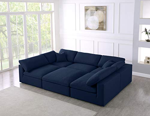 Meridian Furniture Serene Collection Modern | Contemporary Deluxe Comfort Modular Sectional, Soft Linen Textured Fabric, Down Cushions, 2 Corner + 3 Armless + 1 Ottoman, Navy