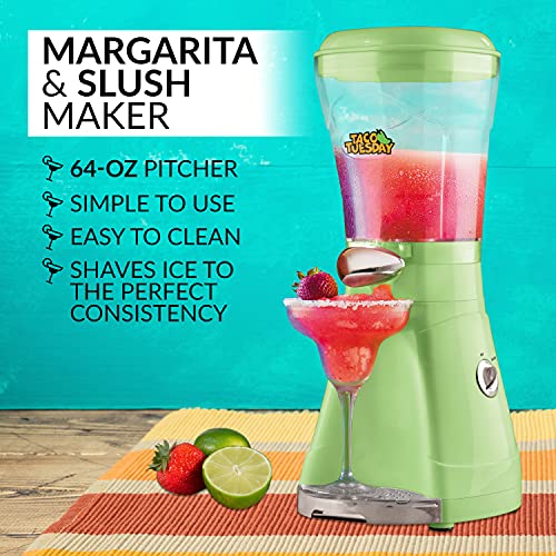 Nostalgia Taco Tuesday Frozen Drink Maker and Margarita Machine for Home - 64-Ounce Slushy Maker with Stainless Steel Flow Spout - Easy to Clean and Double Insulated - Green