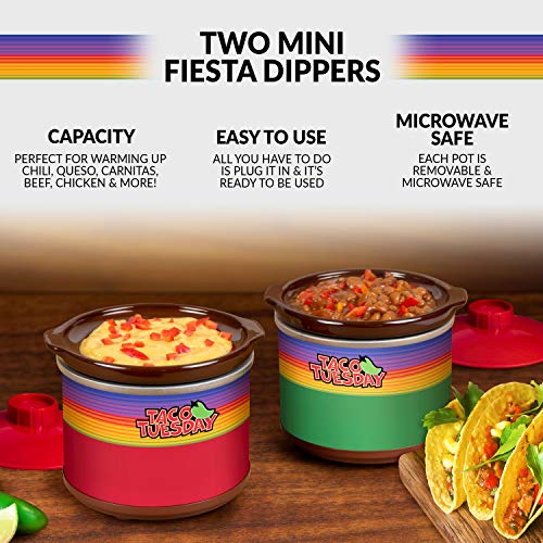 Nostalgia Taco Tuesday Two Mini Fiesta Dippers, 0.65 Qt. Capacity, Includes Lid, Perfect For Queso, Chili, Beans, Chicken, Beef, Red/Green