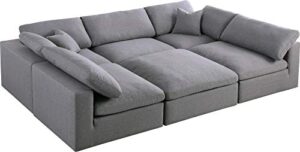 meridian furniture serene collection modern | contemporary deluxe comfort modular sectional, soft linen textured fabric, down cushions, 2 corner + 3 armless + 1 ottoman, grey