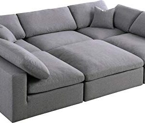 Meridian Furniture Serene Collection Modern | Contemporary Deluxe Comfort Modular Sectional, Soft Linen Textured Fabric, Down Cushions, 2 Corner + 3 Armless + 1 Ottoman, Grey