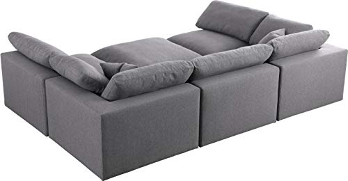 Meridian Furniture Serene Collection Modern | Contemporary Deluxe Comfort Modular Sectional, Soft Linen Textured Fabric, Down Cushions, 2 Corner + 3 Armless + 1 Ottoman, Grey