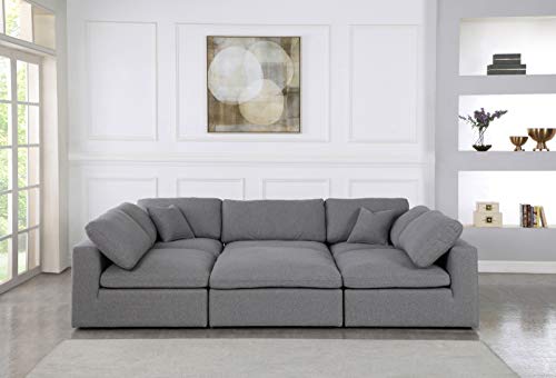 Meridian Furniture Serene Collection Modern | Contemporary Deluxe Comfort Modular Sectional, Soft Linen Textured Fabric, Down Cushions, 2 Corner + 3 Armless + 1 Ottoman, Grey