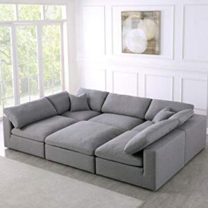 Meridian Furniture Serene Collection Modern | Contemporary Deluxe Comfort Modular Sectional, Soft Linen Textured Fabric, Down Cushions, 2 Corner + 3 Armless + 1 Ottoman, Grey