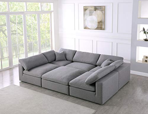 Meridian Furniture Serene Collection Modern | Contemporary Deluxe Comfort Modular Sectional, Soft Linen Textured Fabric, Down Cushions, 2 Corner + 3 Armless + 1 Ottoman, Grey