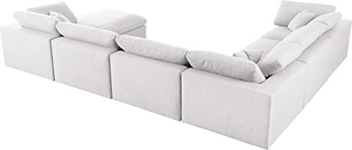 Meridian Furniture Serene Collection Modern | Contemporary Deluxe Comfort Modular Sectional, Soft Linen Textured Fabric, Down Cushions, 3 Corner + 3 Armless + 1 Ottoman, Cream