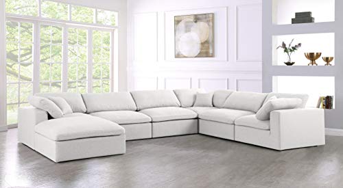 Meridian Furniture Serene Collection Modern | Contemporary Deluxe Comfort Modular Sectional, Soft Linen Textured Fabric, Down Cushions, 3 Corner + 3 Armless + 1 Ottoman, Cream