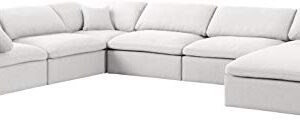 Meridian Furniture Serene Collection Modern | Contemporary Deluxe Comfort Modular Sectional, Soft Linen Textured Fabric, Down Cushions, 3 Corner + 3 Armless + 1 Ottoman, Cream