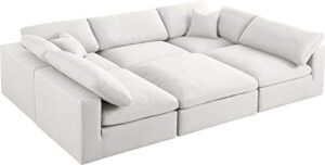 meridian furniture serene collection modern | contemporary deluxe comfort modular sectional, soft linen textured fabric, down cushions, 2 corner + 3 armless + 1 ottoman, cream