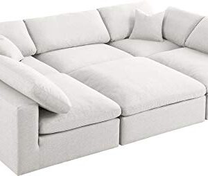 Meridian Furniture Serene Collection Modern | Contemporary Deluxe Comfort Modular Sectional, Soft Linen Textured Fabric, Down Cushions, 2 Corner + 3 Armless + 1 Ottoman, Cream