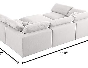 Meridian Furniture Serene Collection Modern | Contemporary Deluxe Comfort Modular Sectional, Soft Linen Textured Fabric, Down Cushions, 2 Corner + 3 Armless + 1 Ottoman, Cream