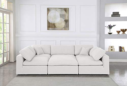 Meridian Furniture Serene Collection Modern | Contemporary Deluxe Comfort Modular Sectional, Soft Linen Textured Fabric, Down Cushions, 2 Corner + 3 Armless + 1 Ottoman, Cream