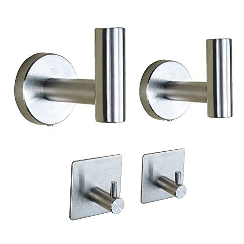 TocTen 4 Pack Bath Towel Hook Set, SUS 304Stainless Steel Robe Hook, Heavy Duty Bathroom Hook Include 2 Wall Mounted Coat Hooks 2 Adhesive Hooks Suitable for Kitchen Office Bathroom