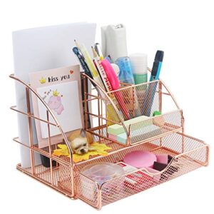 ogrmar rose gold desk supplies organizer, multi-functional mesh desk organizer with 6 compartments & desk drawer organizer for office supplies and desk accessories（rose gold） (9" x 6" x 6")
