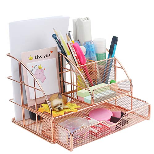 Ogrmar Rose Gold Desk Supplies Organizer, Multi-functional Mesh Desk Organizer with 6 Compartments & Desk Drawer Organizer for Office Supplies and Desk Accessories（Rose Gold） (9" X 6" X 6")