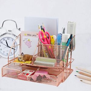 Ogrmar Rose Gold Desk Supplies Organizer, Multi-functional Mesh Desk Organizer with 6 Compartments & Desk Drawer Organizer for Office Supplies and Desk Accessories（Rose Gold） (9" X 6" X 6")