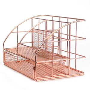 Ogrmar Rose Gold Desk Supplies Organizer, Multi-functional Mesh Desk Organizer with 6 Compartments & Desk Drawer Organizer for Office Supplies and Desk Accessories（Rose Gold） (9" X 6" X 6")