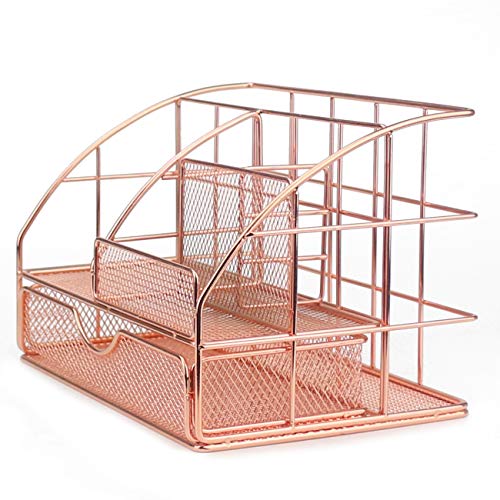 Ogrmar Rose Gold Desk Supplies Organizer, Multi-functional Mesh Desk Organizer with 6 Compartments & Desk Drawer Organizer for Office Supplies and Desk Accessories（Rose Gold） (9" X 6" X 6")