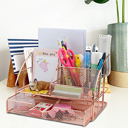 Ogrmar Rose Gold Desk Supplies Organizer, Multi-functional Mesh Desk Organizer with 6 Compartments & Desk Drawer Organizer for Office Supplies and Desk Accessories（Rose Gold） (9" X 6" X 6")