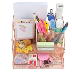 Ogrmar Rose Gold Desk Supplies Organizer, Multi-functional Mesh Desk Organizer with 6 Compartments & Desk Drawer Organizer for Office Supplies and Desk Accessories（Rose Gold） (9" X 6" X 6")