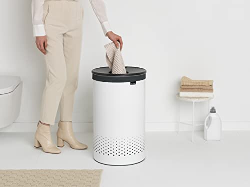 Brabantia - Laundry Hamper - with Plastic Lid - Ventilation Holes - Corrosion Resistant Materials - Hygienic - Discrete - Laundry Basket - Bathroom - with Small Hole - White - 16 Gal