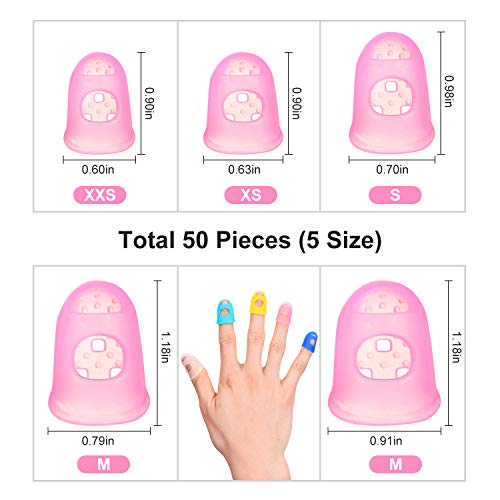 50 Pieces Rubber Fingertips Guard, Large Anti Slip Rubber Pad Gel, Hand Finger Sleeves Protectors for Your Paperwork, Cutting and Office Supplies Tasks, 5 Sizes (Multiple Color)