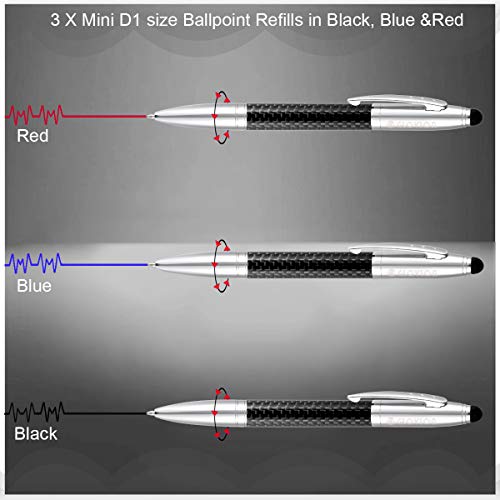 Glovion Multicolor Ballpoint Pen with Stylus Tip, 2 in 1 Ink Writing Pens Carbon Fiber Stylus Pen with 3 Replacement Stylus Tips Refills for Touch Screens Android iPhone ipad Apple Chromebook