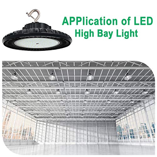 OSTEK 480V 200W LED High Bay Light Fixture, 5000K UFO High Bay Lighting IP65 1-10V Dimmable Barn Workshop Warehouse Gym Airport Lights ETL DLC Listed US Hook 5' Cable (200W (200-480V))