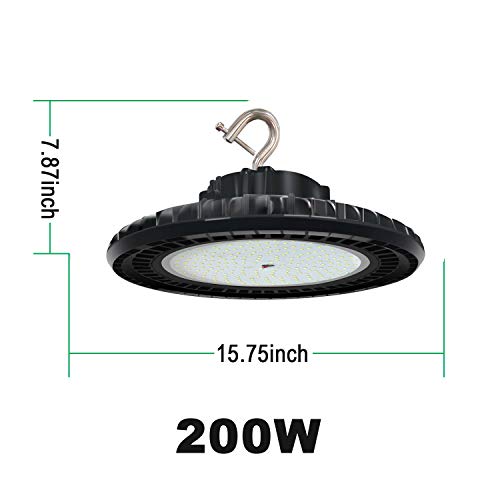 OSTEK 480V 200W LED High Bay Light Fixture, 5000K UFO High Bay Lighting IP65 1-10V Dimmable Barn Workshop Warehouse Gym Airport Lights ETL DLC Listed US Hook 5' Cable (200W (200-480V))